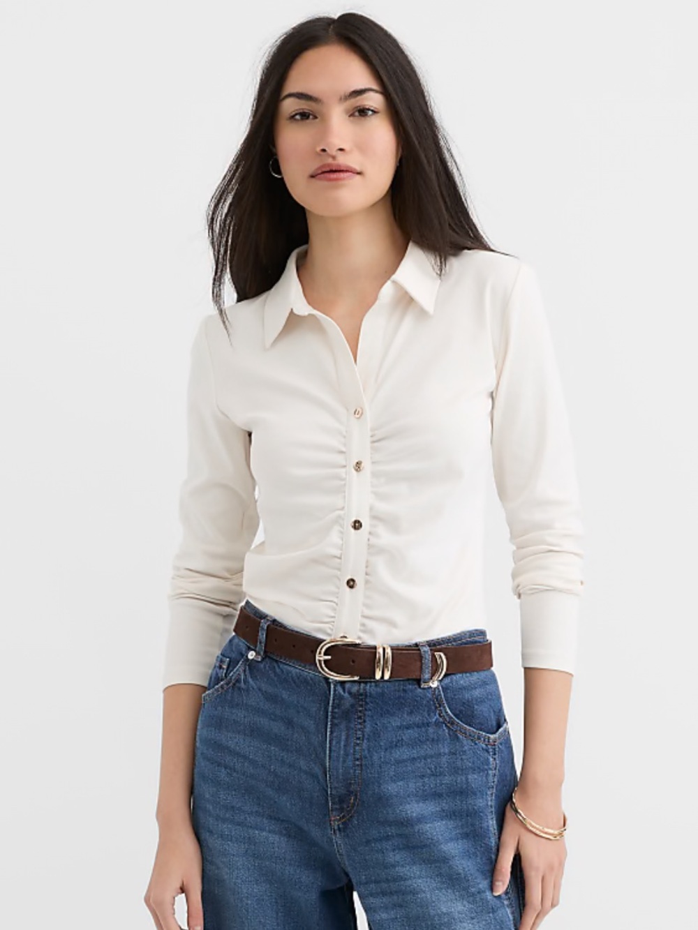 Loft Women's Ivory Button-Front Ruched Shirt